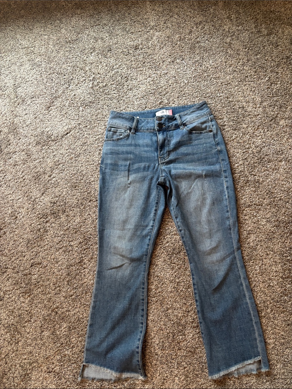 CAbi Distressed Midrise Flare Jeans in Washed Blue